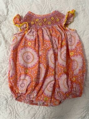 Girls Orange and Pink Floral Smocked Bubble Romper